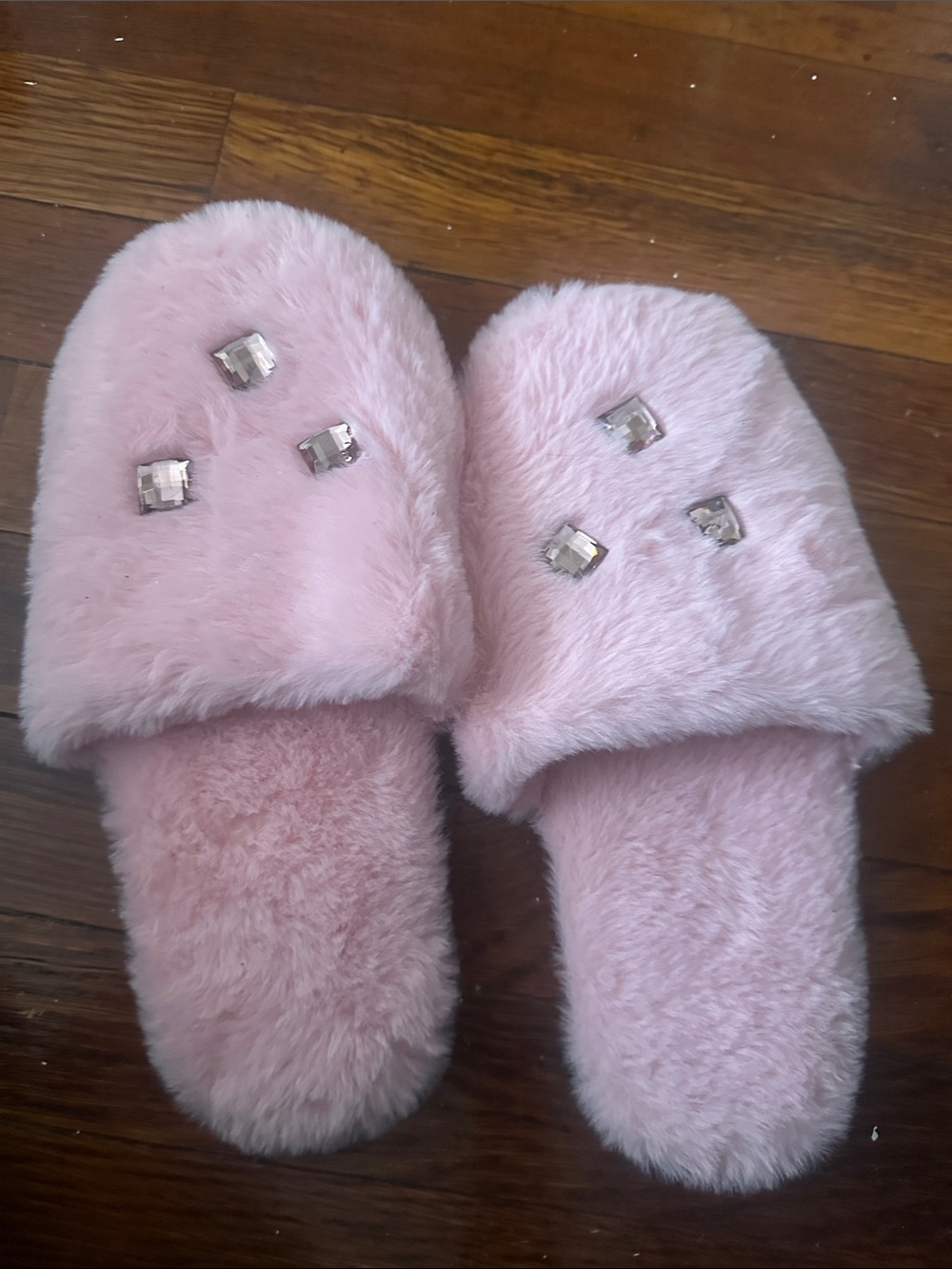 Cozy Pink Faux Fur Slide Slippers with Jewel Accents